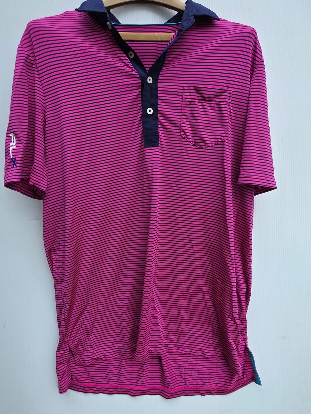 RLX Ralph Lauren Pink Navy Striped Golf Polo Shirt Size L Athletic Performance